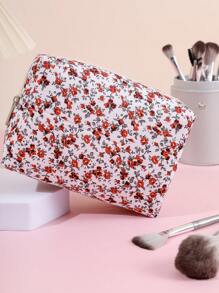 1pc Pink Floral Cosmetic Bag, Pure Polyester Fiber Square Hand-held Makeup Storage Bag - Hot Pink - View 10