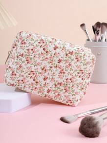1pc Pink Floral Cosmetic Bag, Pure Polyester Fiber Square Hand-held Makeup Storage Bag - Hot Pink - View 4
