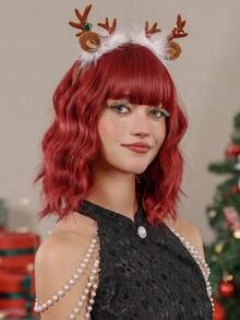 短鬈曲波波頭假髮帶瀏海,女性用酒紅色波波頭合成髮,日常聚會聖誕化妝舞臺秀波波頭假髮 - 酒紅色 - 查看 7