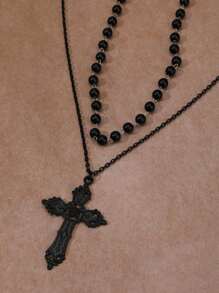 2入組哥德風格十字形黑色假珍珠項鍊 - 黑色 - 查看 3