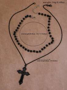 2入組哥德風格十字形黑色假珍珠項鍊 - 黑色 - 查看 4