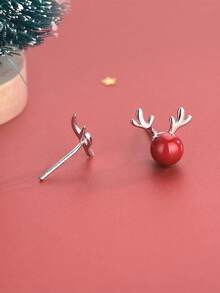 2件時尚925純銀非對稱麋鹿耳釦christmas 聖誕禮物麋鹿耳釦適合女士日常佩戴