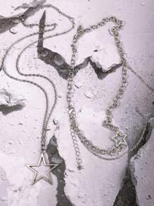 2pcs/set Double-layered Necklace With Big Star Pendants, Fairy/ins/hip-hop Style Collarbone Chain For Women, Y2k Jewelry