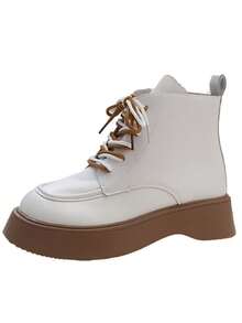 Người Nhật Bản Và Hàn Quốc Phong cách Của phụ nữ Dày Đế Giày ống có dây , Màu thuần Giày ống Ankle , Chóp giầy tròn , chất liệu da PU , Thoáng khí , Dày Gót chân , Thông thường hàng ngày Giữa bắp chân Giày ống - trắng - Xem 9