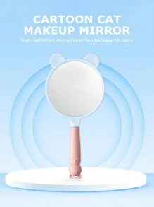 1只粉色便攜式貓咪卡通矽膠手柄鏡子,適用於家庭、學生、化妝等 - 粉色 - 查看 2
