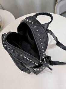 Large Capacity Goth Skull Embossed Backpack  Halloween Studded Decor Black Backpack Punk Style PU Leather Bag For Women - Black - View 4