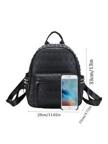 Large Capacity Goth Skull Embossed Backpack  Halloween Studded Decor Black Backpack Punk Style PU Leather Bag For Women - Black - View 6