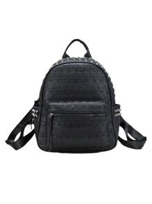 Large Capacity Goth Skull Embossed Backpack  Halloween Studded Decor Black Backpack Punk Style PU Leather Bag For Women - Black - View 1