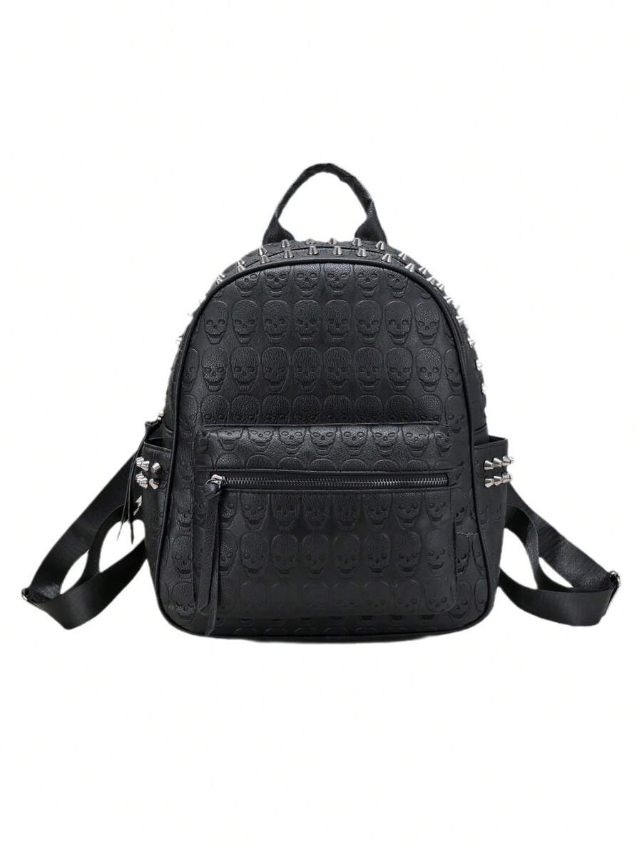 Large Capacity Goth Skull Embossed Backpack  Halloween Studded Decor Black Backpack Punk Style PU Leather Bag For Women - Black - View 1