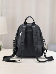 Large Capacity Goth Skull Embossed Backpack  Halloween Studded Decor Black Backpack Punk Style PU Leather Bag For Women - Black - View 3