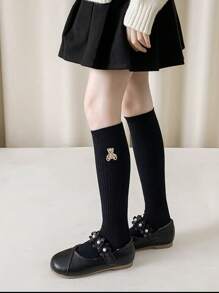 Vintage Autumn Winter Embroidered Bear Children's Socks, Breathable Knee High Cartoon Stockings For Kids - Black - View 4