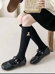 Vintage Autumn Winter Embroidered Bear Children's Socks, Breathable Knee High Cartoon Stockings For Kids - Black - View 3