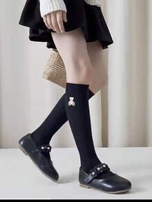 Vintage Autumn Winter Embroidered Bear Children's Socks, Breathable Knee High Cartoon Stockings For Kids - Black - View 2