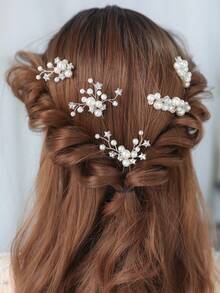 5入組女士白色仿珍珠五角水鑽,可多種組合的發梳、發簪,休閒新娘頭飾