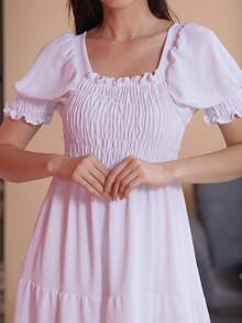 Vestido Largo Femenino Con Elastano, Moda Evangélica Con Mangas Abullonadas - Blanco - Ver 4