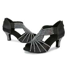 1pair Apricot Rhinestone Decor Satin Latin Dance Shoes With Comfortable Mid Heel, Cha Cha/Social Dance Shoes - Black - View 6