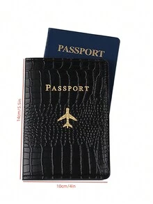 Fashionable & Lightweight Passport Holder Made Of Pu Leather, Suitable For Air Travel & School, Simple & Design, Unisex, Solid Color, Embossed Crocodile Pattern, Anti-Theft, Gold Foil Embossed - Black - View 5