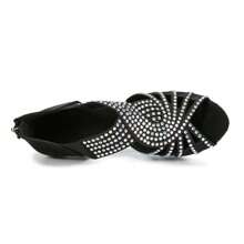 1pair Apricot Rhinestone Decor Satin Latin Dance Shoes With Comfortable Mid Heel, Cha Cha/Social Dance Shoes - Black - View 3