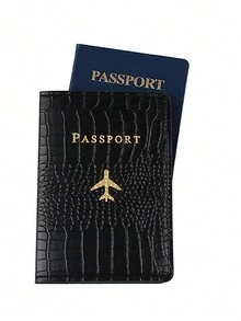 Fashionable & Lightweight Passport Holder Made Of Pu Leather, Suitable For Air Travel & School, Simple & Design, Unisex, Solid Color, Embossed Crocodile Pattern, Anti-Theft, Gold Foil Embossed - Black - View 2