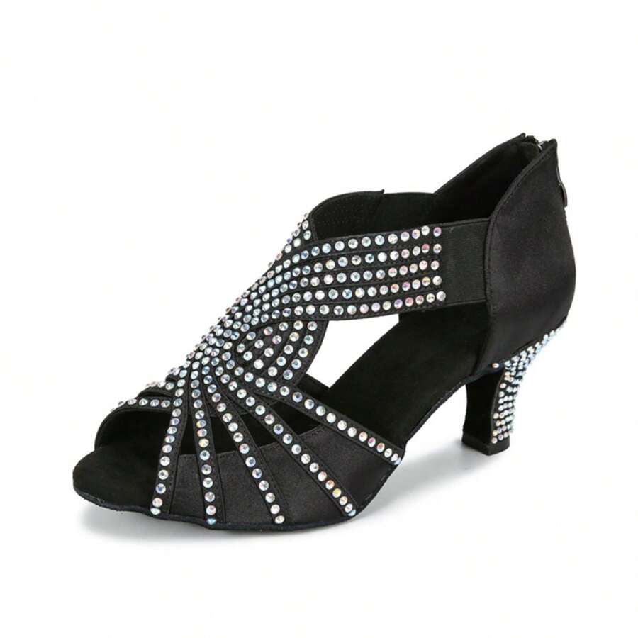 1pair Apricot Rhinestone Decor Satin Latin Dance Shoes With Comfortable Mid Heel, Cha Cha/Social Dance Shoes - Black - View 1