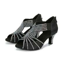 1pair Apricot Rhinestone Decor Satin Latin Dance Shoes With Comfortable Mid Heel, Cha Cha/Social Dance Shoes - Black - View 5