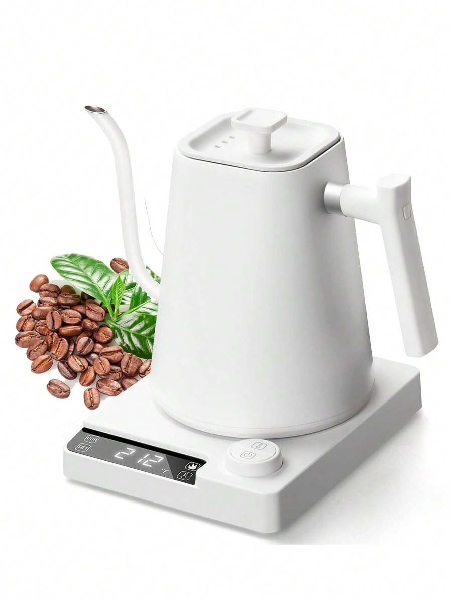 電動鵝頸水壺,帶有顯示屏和計時器的自動關閉電子壺,帶有溫度控制的手沖咖啡壺,快速加熱的電熱茶壺 - 白色 - 查看 1