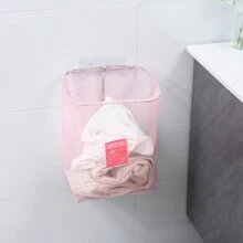 1個可摺疊尼龍網洗衣籃,大尺寸,可牆掛,無需鑽孔,浴室髒衣收納