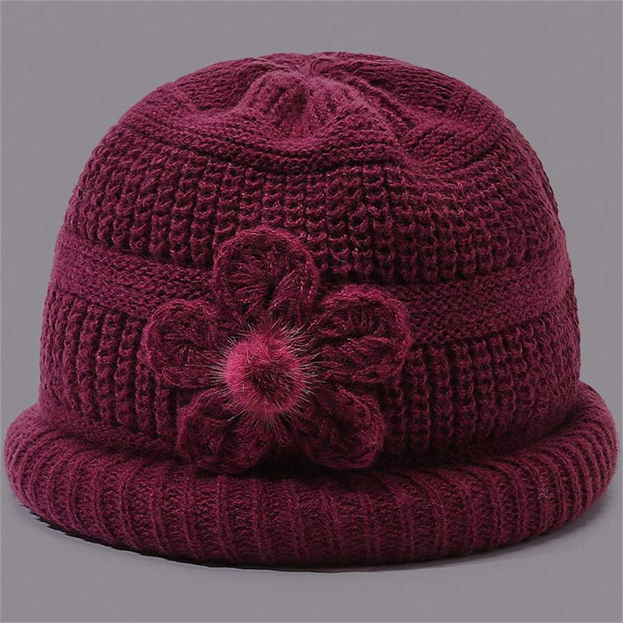 1 chiếc mũ len màu tím đỏ cỡ trung có lót nhiệt và tua rua, phong cách Boho mùa đông và mùa thu - Màu đỏ tím - Xem 1