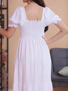 Vestido Largo Femenino Con Elastano, Moda Evangélica Con Mangas Abullonadas - Blanco - Ver 3