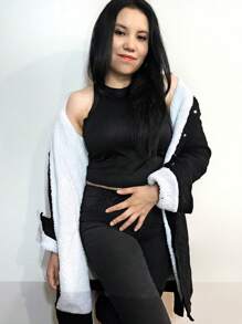 Fully Plush Trench Style Long Denim Jacket With Belt And Pockets - Black - View 8