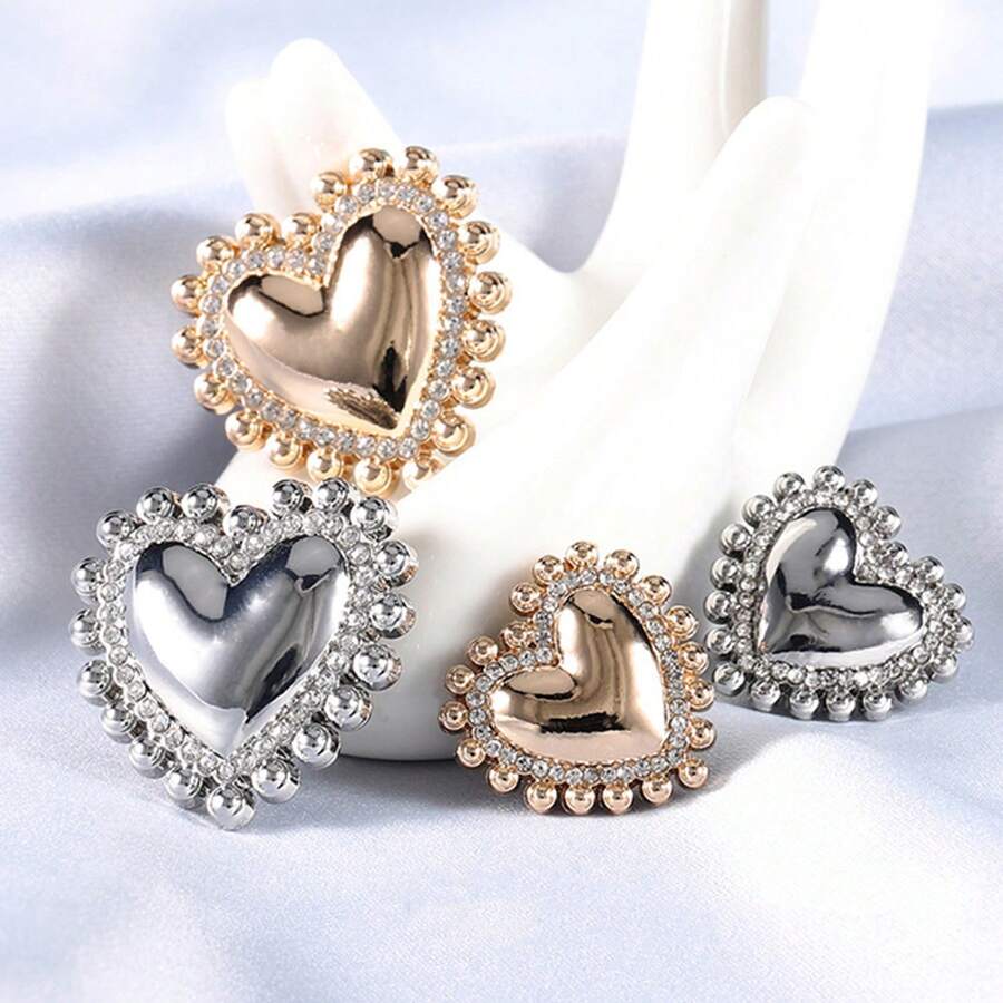 5pcs Luxury Heart Shaped Metal Button With Rhinestone, Versatile Women'S Button For Coat, Jacket, Shirt, Etc. - Gold - View 1