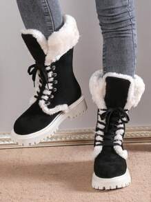 Của phụ nữ Đúng mốt Lace-up Ấm áp Giữa bắp chân Bốt Tuyết - màu đen - Xem 6