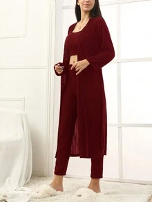 休閒運動家居服三件套,帶背心肋編織 - 酒紅色 - 查看 4