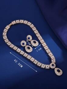 3入組經典立方氧化鋯紅色水滴吊墜項鍊耳環套裝,豪華女士宴會婚禮珠寶 - 藍色 - 查看 8