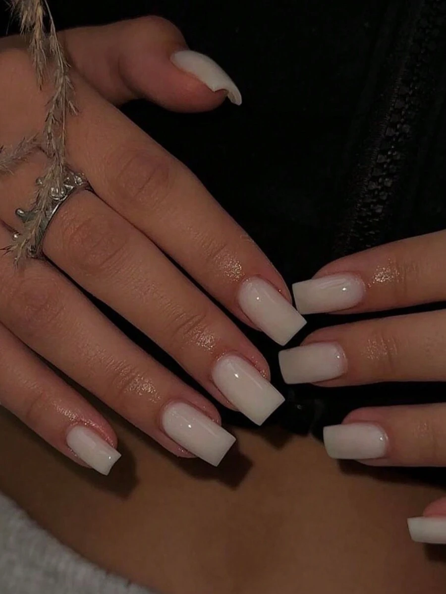 24 件杏色短方形可穿戴假指甲套装，简约法式美甲风格，适合购物、约会、下午茶按压指甲美甲用品 - 杏色 - 查看 1