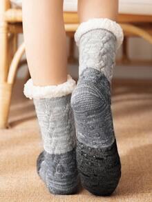 1雙女士中筒襪,灰色小羊皮拼接,保暖加厚,防滑可愛,適用於冬季和休閒