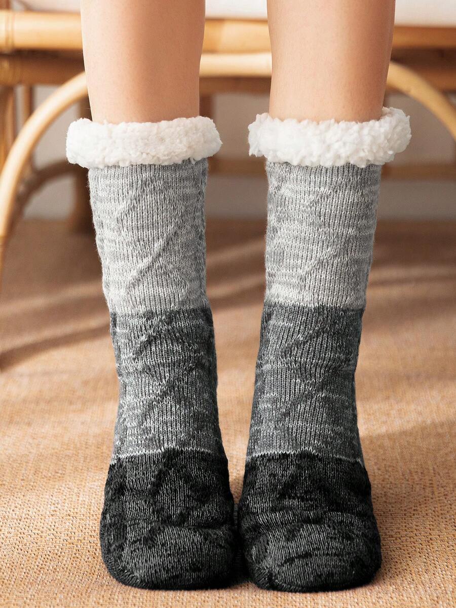 1雙女士中筒襪,灰色小羊皮拼接,保暖加厚,防滑可愛,適用於冬季和休閒