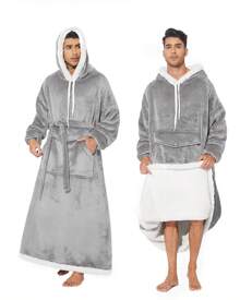 1pc Wearable Blanket Hoodie For Women, Long Sherpa Fleece Wearable Blanket, Oversized Cozy Warm Sweatshirt Blanket With Pocket & Belt As Gifts For Adults, Valentine's Day Gifts - Light Grey - View 4