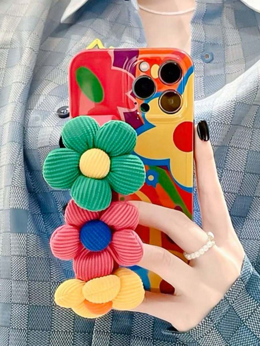 花卉絨布三色花卉圖案手環手機殼 - 彩色 - 查看 1