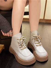 Người Nhật Bản Và Hàn Quốc Phong cách Của phụ nữ Dày Đế Giày ống có dây , Màu thuần Giày ống Ankle , Chóp giầy tròn , chất liệu da PU , Thoáng khí , Dày Gót chân , Thông thường hàng ngày Giữa bắp chân Giày ống - trắng - Xem 4