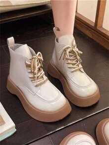 Người Nhật Bản Và Hàn Quốc Phong cách Của phụ nữ Dày Đế Giày ống có dây , Màu thuần Giày ống Ankle , Chóp giầy tròn , chất liệu da PU , Thoáng khí , Dày Gót chân , Thông thường hàng ngày Giữa bắp chân Giày ống - trắng - Xem 2