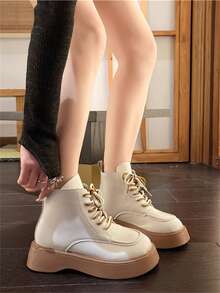 Người Nhật Bản Và Hàn Quốc Phong cách Của phụ nữ Dày Đế Giày ống có dây , Màu thuần Giày ống Ankle , Chóp giầy tròn , chất liệu da PU , Thoáng khí , Dày Gót chân , Thông thường hàng ngày Giữa bắp chân Giày ống - trắng - Xem 3