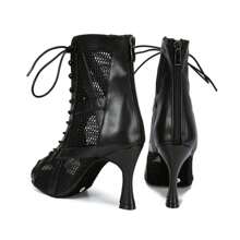 1pair Black Pu Leather Face & Mesh Surface Fashionable Comfortable High Heel Short Boots For Jazz Dance, Build For Gym Ballroom Dance