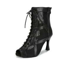 1pair Black Pu Leather Face & Mesh Surface Fashionable Comfortable High Heel Short Boots For Jazz Dance, Build For Gym Ballroom Dance