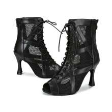 1pair Black Pu Leather Face & Mesh Surface Fashionable Comfortable High Heel Short Boots For Jazz Dance, Build For Gym Ballroom Dance