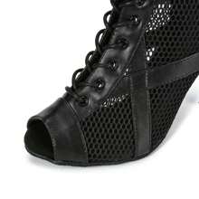 1pair Black Pu Leather Face & Mesh Surface Fashionable Comfortable High Heel Short Boots For Jazz Dance, Build For Gym Ballroom Dance