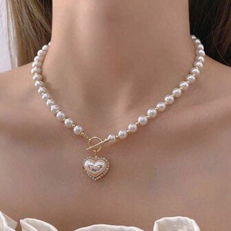 1 件高档时尚简约风格锁骨项链，带 Ot 扣、人造珍珠和心形吊坠，适合女士情人节