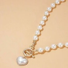1pc High-Grade Fashionable Minimalist Style Clavicle Necklace With Ot Clasp, Faux Pearl & Heart Pendant For Women Valentines - White - View 3