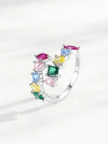 1 chiếc nhẫn hở bằng bạc Sterling 925 thiết kế hình học sang trọng lấp lánh đá Cubic Zirconia cầu vồng dành cho nữ, phụ kiện dự tiệc, trang sức - Bạc - Xem 4