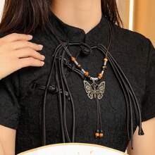 1pc New Chinese Style Handmade Vintage Butterfly Ceramic Necklace With Drawstring Chain - Bronze - View 2